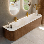 MONDIAZ KURVE-DLUX 180cm Meuble salle de bain avec module 25 G et D - couleur Walnut - 2 tiroirs - 2 portes - vasque LEAF double - 2 trous de robinet - couleur Frappe SW1137473