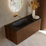 MONDIAZ KURVE 115cm Meuble salle de bain avec module 25 D - couleur Walnut - 1 tiroir - 1 porte - vasque BIG SMALL gauche - sans trous de robinet - Urban SW1138493
