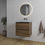 Saniclass Chaci Ensemble meuble de salle de bains - 60x46x55cm - lavabo céramique noir - 1 vasque - sans trou de robinet - 2 tiroirs - miroir rond avec éclairage - noyer (bois) SW816220