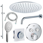 Grohe - Adema Rise Ensemble de douche pluie encastré - 2 fonctions - avec pomme de tête Adema Rise 25 cm - douchette ronde - bras mural - barre coulissante 90 cm - Grohe Grohtherm mitigeur thermostatique encastré - chrome SW804540