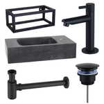 FortiFura Fuente Pack Lave-mains - 40x22x24.5cm - 1 trou de robinet - pierre naturelle - cadre noir - robinet Noir mat - Noir SW1111559