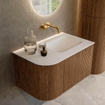 MONDIAZ KURVE 75cm Meuble salle de bain avec module 25 G - couleur Walnut - 1 tiroir - 1 porte - vasque GRUNNE droite - sans trous de robinet - Talc SW1138238