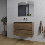 Saniclass Chaci Meuble de salle de bain - 80x46x55cm - lavabo en céramique noir - 1 vasque - sans trou de robinet - 2 tiroirs - miroir rectangulaire - noyer (hout) SW816553