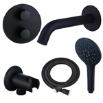 Fortifura Calvi Badkraan set - uitloop - 22cm inkortbaar - rond bedieningspaneel - gladde slang - ronde handdouche - inbouwdeel - wandhouder - mat zwart SW1408670