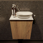 Mondiaz fowy meuble toilette 40x50x23cm chêne lavé mat 1 trou pour robinetterie évier : droit 1 porte solid surface avec plan mélamine couleur évier : blanc SW761410