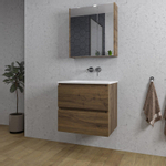 Saniclass Chaci Meuble de salle de bain - 60x46x55cm - lavabo en céramique blanc - 1 vasque - sans trou de robinet - 2 tiroirs - armoire miroir - noyer (hout) SW856541