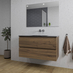 Saniclass Chaci Meuble de salle de bain - 100x46x55cm - lavabo en céramique noir - 1 vasque - sans trous de robinet - 2 tiroirs - miroir rectangulaire - noyer (hout) SW816571