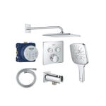 Grohe Grohtherm ensemble de douche pluie encastré - pomme de douche carrée - douchette carrée - bras mural courbé - chrome SW1235167