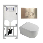QeramiQ Dely Swirl Ensemble WC- 36.3x51.7cm - Réservoir encastré Geberit UP320 - Abattant 35mm - Plaque de commande en laiton brossé - Boutons ronds - Finition blanc brillant SW1138653