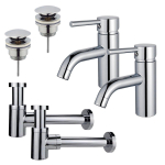 FortiFura Calvi Kit robinet lavabo - pour double vasque - robinet bas - bonde clic clac - siphon design bas - Chrome brillant SW892014