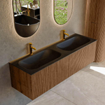 MONDIAZ KURVE 150cm Meuble salle de bain - couleur Walnut - 2 tiroirs - vasque BIG SMALL double - 2 trous de robinet - Urban SW1138548