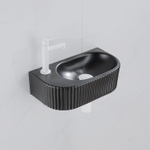 QeramiQ Fuente Ensemble de Lavabo - 40x21.5x12cm - gauche - strié - demi-rond - 1 trou de robinet - céramique - ensemble de robinet blanc mat - bouchon de vidange - siphon abaissé - noir mat SW1233010