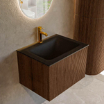 MONDIAZ KURVE 60cm badmeubel kleur Walnut met 1 lade. Wastafel CLOUD midden 1 kraangat Urban. SW1138446