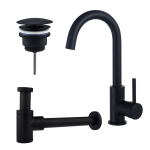 FortiFura Calvi Kit robinet lavabo - robinet haut - bec rotatif - bonde non-obturable - siphon design bas - Noir mat SW891934