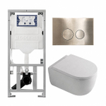 QeramiQ Dely Swirl Toiletset - 36.3x51.7cm - diepspoel - rimless - Geberit UP320 inbouwreservoir - met Burda frame - 35mm zitting - geborsteld messing bedieningsplaat - ronde knoppen - mat wit SW1138642