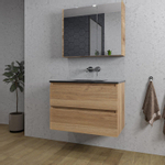 Adema Chaci Ensemble de meuble - 80x46x55cm - 1 vasque en céramique noire - sans trous de robinet - 2 tiroirs - armoire de toilette - cannelle SW856577