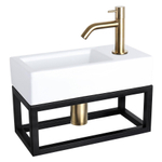 Differnz Ravo kit lave-mains - 38.5x18.5x25cm - Rectangulaire - 1 trou de robinet - Robinet courbé doré mat - avec cadre noir - Céramique Blanche SW373191