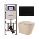 QeramiQ Dely Toiletset - 36.3x51.7cm - diepspoel - rimless - Geberit UP320 inbouwreservoir - softclose toilet zitting 35 mm - kunstof mat zwarte bedieningsplaat - rechthoekige knoppen - mat beige SW1236516