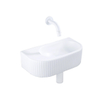 QeramiQ Fuente Ensemble de Lavabo - 40x21.5x12cm - strié - demi-rond - céramique - ensemble de robinet blanc mat - bouchon de vidange - siphon abaissé - blanc mat SW1233095