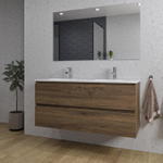 Saniclass Chaci Meuble de salle de bain - 120x46x55cm - lavabo en céramique blanc - 2 vasques ovales - 2 trous de robinet - 2 tiroirs - miroir rectangulaire - noyer (hout) SW724521