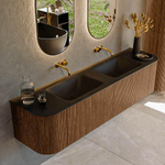 MONDIAZ KURVE 180cm Meuble salle de bain avec module 25 G et D - couleur Walnut - 2 tiroirs - 2 portes - vasque CLOUD double - sans trous de robinet - Urban SW1138547