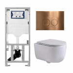 QeramiQ Dely Swirl Toiletset - 36.3x51.7cm - diepspoel - rimless - Geberit UP320 inbouwreservoir - met Burda frame - slim zitting - koperen bedieningsplaat - ronde knoppen - mat wit SW1126118