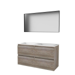Basic-Line ensemble de meubles de salle de bain 120x46cm sans poignée 4 tiroirs lavabo acrylique 0 trous de robinetterie miroir cadre aluminium noir mat tout autour mfc scotch oak SW639608