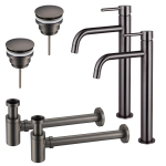 FortiFura Calvi Kit robinet lavabo - pour double vasque - robinet rehaussé - bonde clic clac - siphon design bas - Gunmetal PVD SW911731