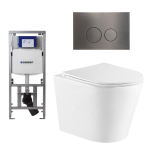 QeramiQ Dely Pack WC cuvette sans bride 36.3x51.7cm avec bâti-support Geberit UP320 abattant WC blanc brillant frein de chute et plaque de commande Gun metal boutons Ronds SW804659