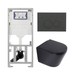 QeramiQ Dely Toiletset - 36.3x51.7cm - diepspoel - rimless - Geberit UP320 inbouwreservoir - softclose toilet zitting - 35mm - bedieningsplaat mat antraciet - ronde knoppen - mat zwart SW1235414