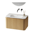 Saniclass Terra Ensemble meuble de salle de bains - 80cm - 2 tiroirs - vasque en solid surface - 1 lavabo - sans trous de robinet - coins arrondis - sandwood (Chene clair) SW1447018