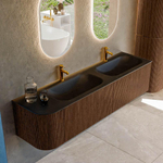 MONDIAZ KURVE 175cm Meuble salle de bain avec module 25 G - couleur Walnut - 2 tiroirs - 1 porte - vasque BIG SMALL double / droite - 2 trous de robinet - Urban SW1138552