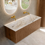 MONDIAZ KURVE-DLUX 120cm Meuble salle de bain - couleur Walnut - 1 tiroir - vasque LEAF double - sans trou de robinet - couleur Glace SW1138058