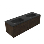 Saniclass Holz Frame Badkamermeubelset - 140x45x42cm - Vygo keramische wastafel zwart - 2 wasbakken - zonder kraangaten - 2 lades - mat eiken charcoal (hout) SW1479004