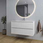 Saniclass Chaci Meuble de salle de bain - 100x46x55cm - lavabo en céramique blanc - 1 vasque ovale - 1 trou de robinet - 2 tiroirs - ronde miroir avec éclairage - blanc mat SW816280