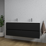 Saniclass Chaci Meuble bas de salle de bain - 140x46x55cm - 4 tiroirs - sans poignée - lavabo en céramique blanc - 2 vasques - 2 trous de robinet - noir mat SW1171448