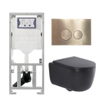 QeramiQ Dely Swirl Toiletset - 36.3x51.7cm - Geberit UP320 inbouwreservoir - met Burda frame - 35mm zitting - geborsteld messing bedieningsplaat - ronde knoppen - mat zwart SW1138610
