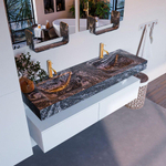 Mondiaz ALAN-DLUX Ensemble de meuble - 150cm - meuble Talc mat - 2 tiroirs - Lavabo Cloud Lava suspendu - vasque gauche et droite - 2 trous de robinet SW807978