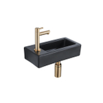 QeramiQ Lave-mains Kit lave-mains - 37.5x18.5x9cm - céramique - trou de robinet gauche - robinet lave-mains en laiton brossé - bonde de vidage - siphon abaissé - Mat Noir SW1232755