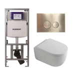 QeramiQ Dely Swirl Toiletset - 36.3x51.7cm - diepspoel - rimless - Geberit UP320 inbouwreservoir - met Burda frame - 35mm zitting - geborsteld messing bedieningsplaat - ronde knoppen - wit mat SW1138642