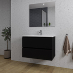 Adema Chaci Ensemble de meuble salle de bain - 80x46x55cm - 1 lavabo en céramique blanc - 1 trou de robinet - 2 tiroirs - miroir rectangulaire - noir mat SW816519