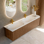 MONDIAZ KURVE 175cm Meuble salle de bain avec module 25 D - couleur Walnut - 2 tiroirs - 1 porte - vasque BIG SMALL double / gauche - 2 trous de robinet - Talc SW1138338