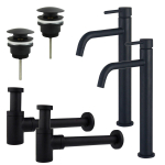 FortiFura Calvi Kit robinet lavabo - pour double vasque - robinet rehaussé - bonde clic clac - siphon design bas - Noir mat SW911714