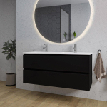 Saniclass Chaci Ensemble meuble de salle de bains - 120x46x55cm - lavabo en céramique blanc - 2 vasques - 2 trous de robinetterie - 2 tiroirs - miroir rond avec éclairage - noir mat SW816306