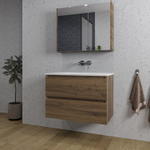 Saniclass Chaci Badkamermeubelset - 80x46x55cm - keramische wastafel wit - 1 wasbak - zonder kraangaten - 2 lades - spiegelkast - noten (hout) SW856545