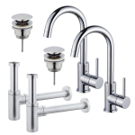 FortiFura Calvi Kit robinet lavabo - pour double vasque - robinet haut - bec rotatif - bonde clic clac - siphon design - Chrome brillant SW915323