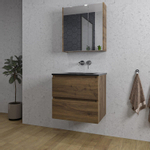 Saniclass Chaci Meuble de salle de bain - 60x46x55cm - lavabo en céramique noir - 1 vasque - sans trou de robinet - 2 tiroirs - armoire miroir - noyer (hout) SW856574