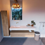 Mondiaz ALAN-DLUX Ensemble de meuble - 150cm - meuble Washed Oak mat - 1 tiroir - Lavabo Cloud Ostra suspendu - vasque Gauche - 0 trous de robinet SW809012