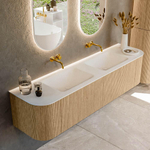 MONDIAZ KURVE 180cm Meuble salle de bain avec module 25 G et D - couleur Oak - 2 tiroirs - 2 portes - vasque CLOUD double - sans trous de robinet - Talc SW1138206