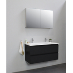 Basic Bella Meuble salle de bains avec lavabo acrylique Blanc avec armoire toilette 2 portes gris 100x55x46cm 2 trous de robinet Noir mat SW491911